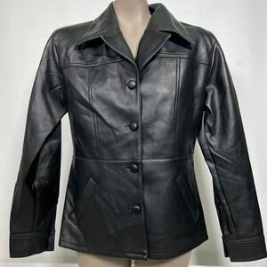 IN CHARGE Black Faux Leather Button Front Blazer Jacket Women's MEDIUM